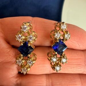 Vintage 925 Gold Plated and Blue and Rhinestone Earrings